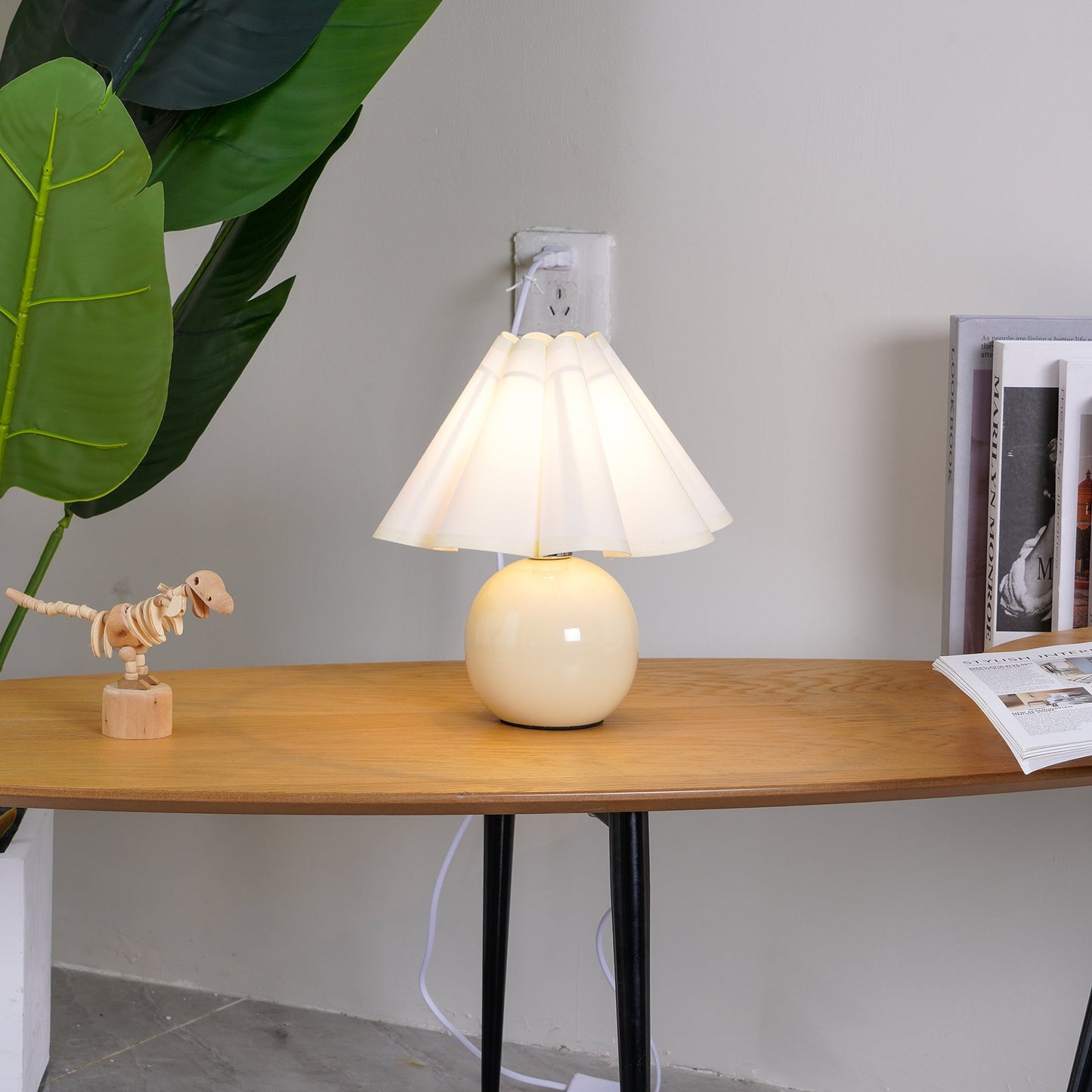 Pleated Table Lamp | White Ceramic & Linen Shade | 28cm Diameter