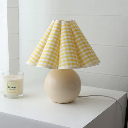 Pleated Table Lamp | White Ceramic & Linen Shade | 28cm Diameter