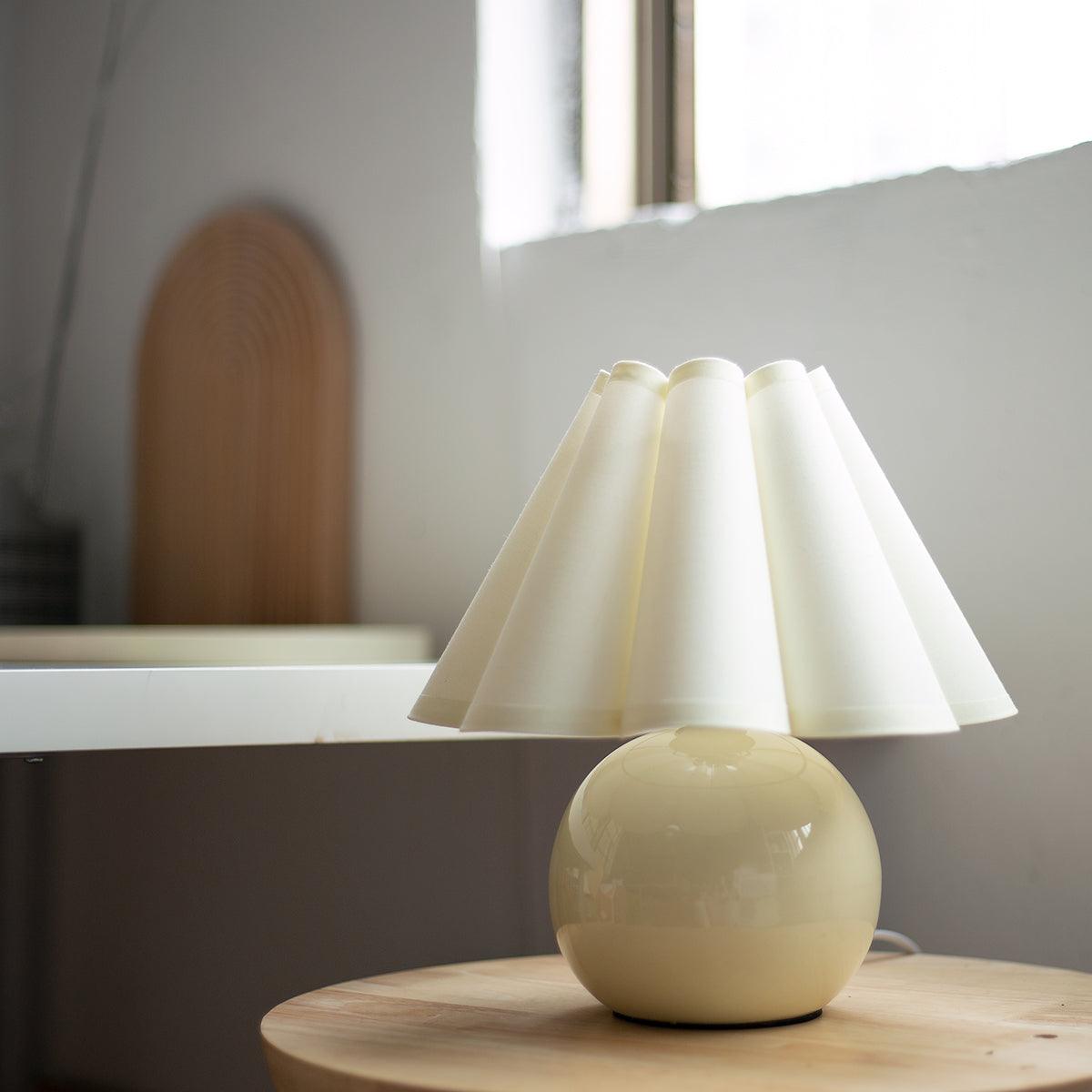 Pleated Table Lamp | White Ceramic & Linen Shade | 28cm Diameter