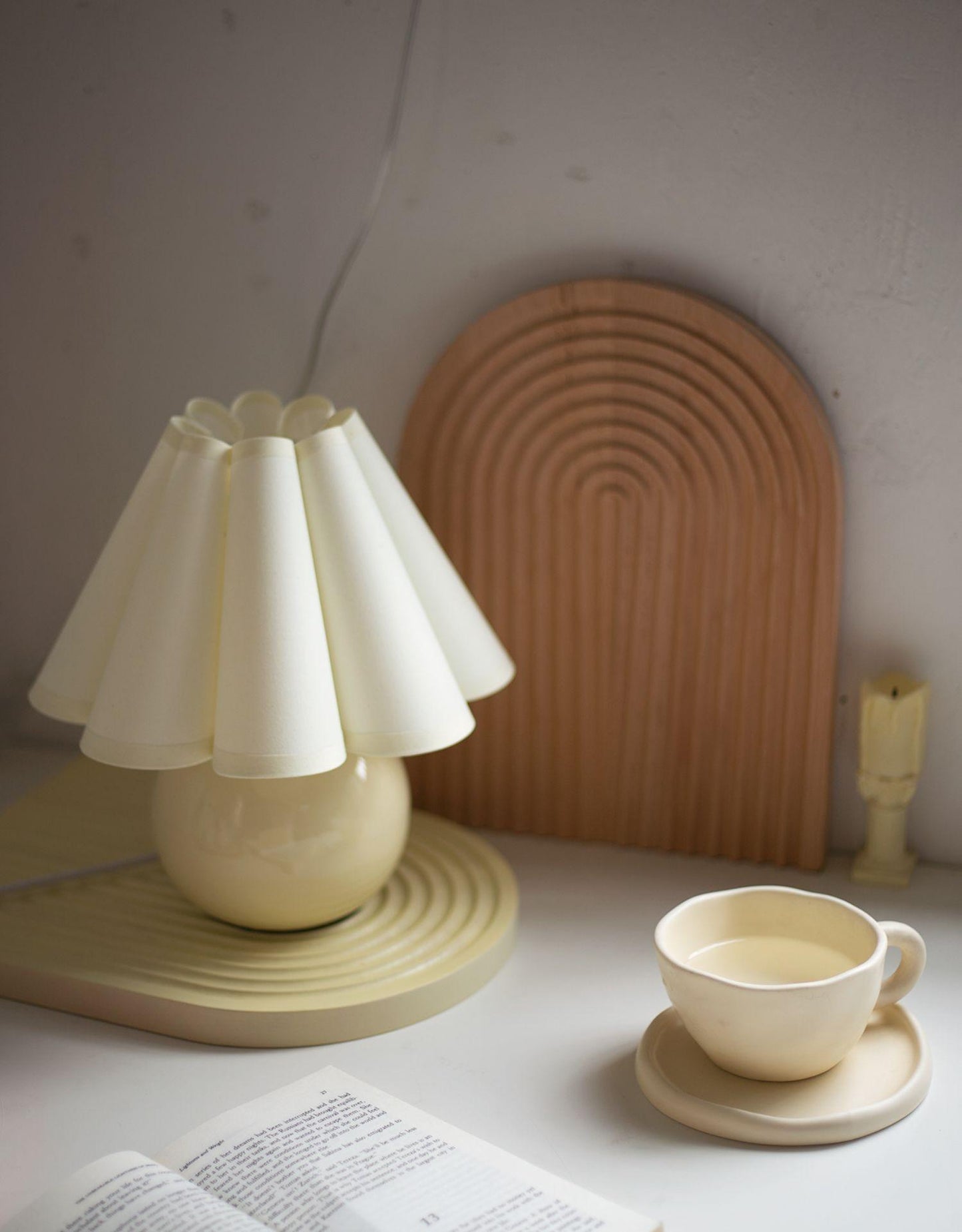 Pleated Table Lamp | White Ceramic & Linen Shade | 28cm Diameter