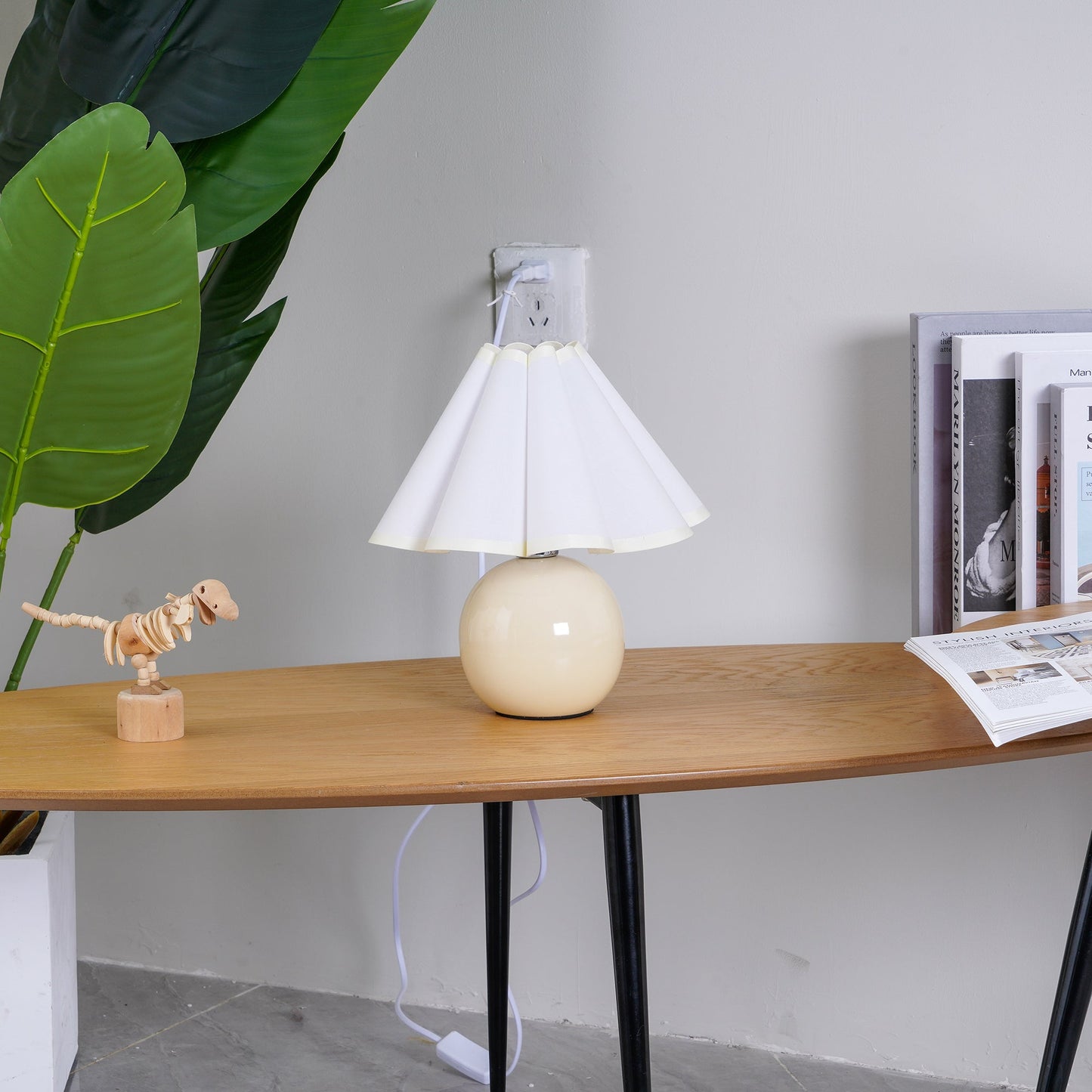 Pleated Table Lamp | White Ceramic & Linen Shade | 28cm Diameter