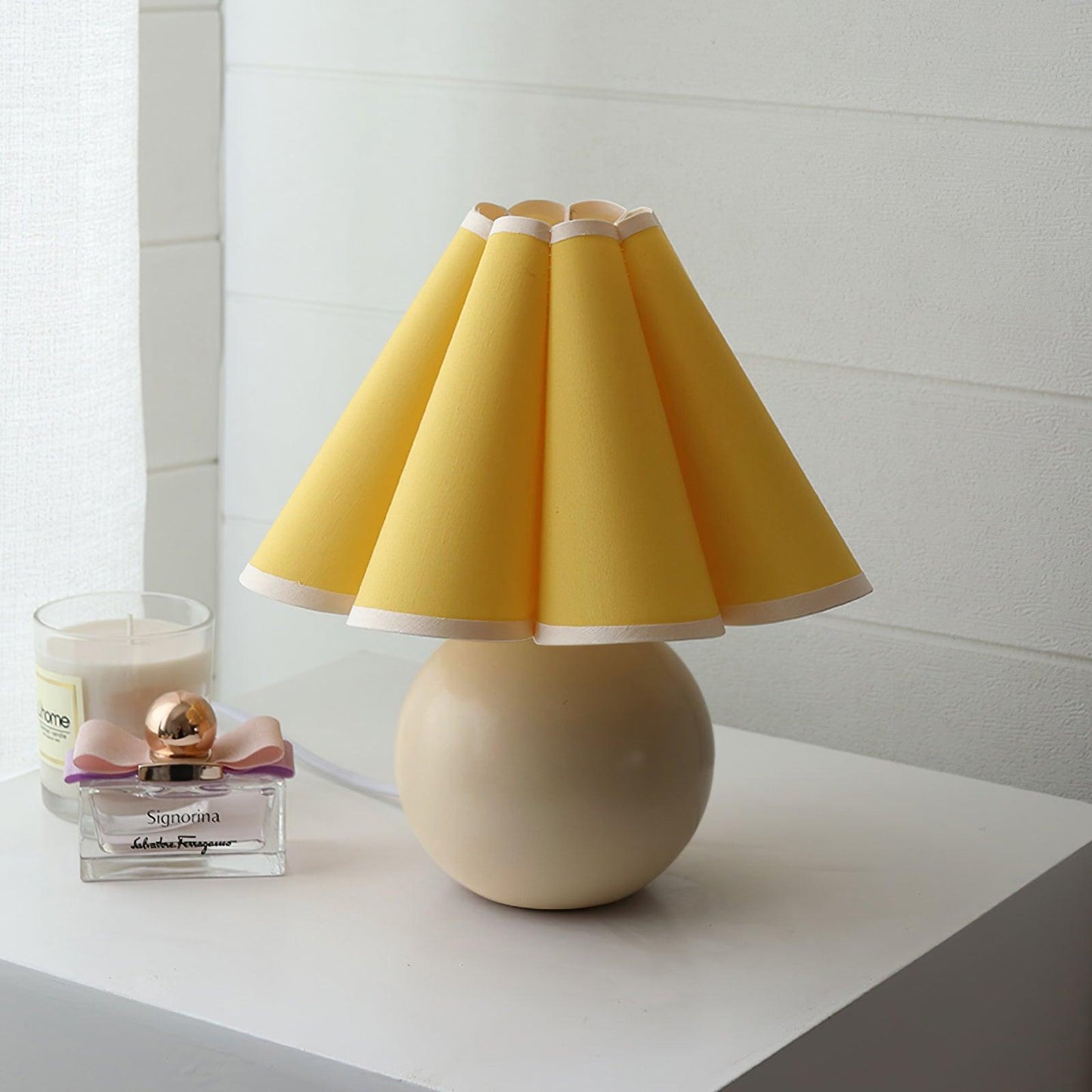 Pleated Table Lamp | White Ceramic & Linen Shade | 28cm Diameter