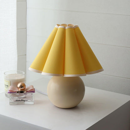 Pleated Table Lamp | White Ceramic & Linen Shade | 28cm Diameter