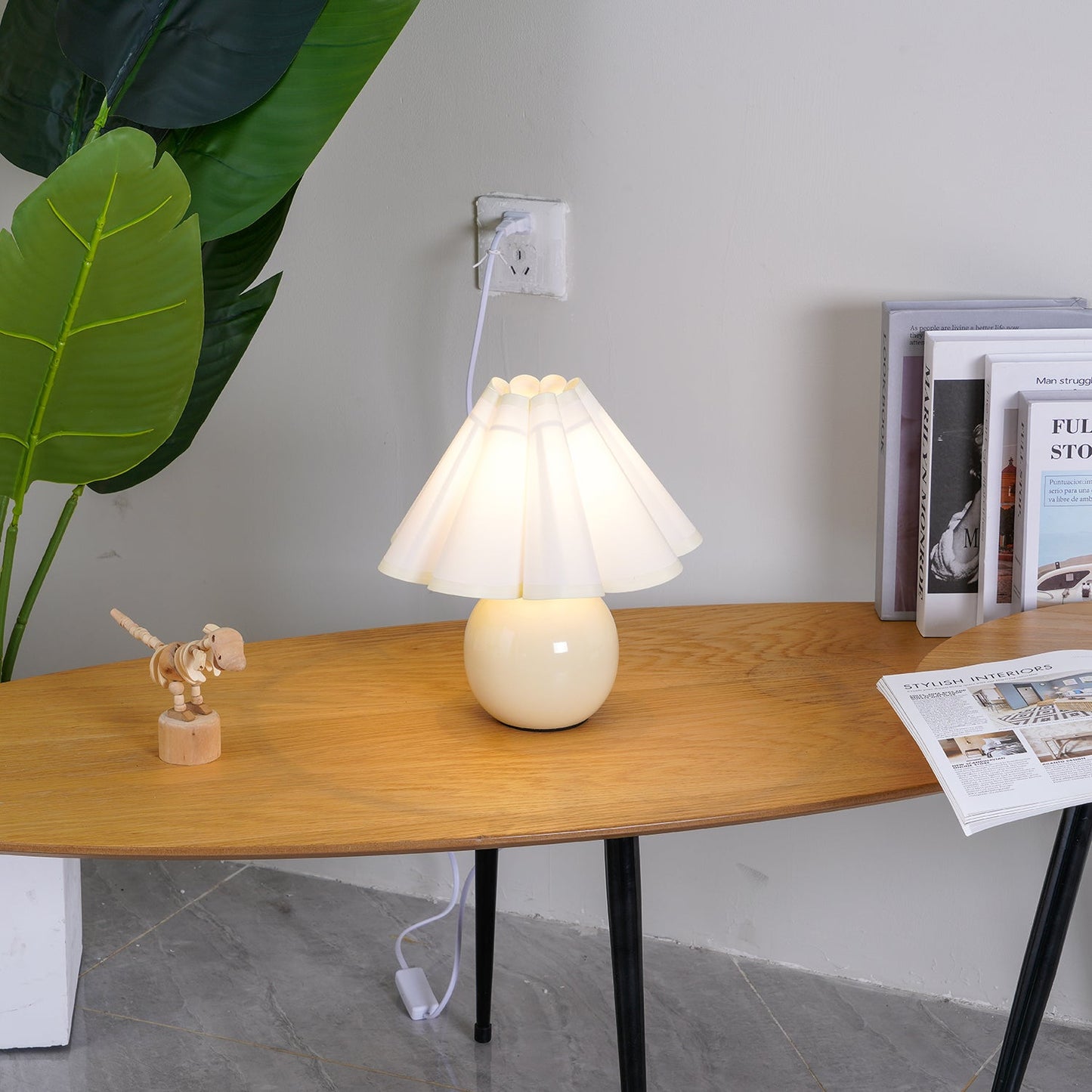 Pleated Table Lamp | White Ceramic & Linen Shade | 28cm Diameter