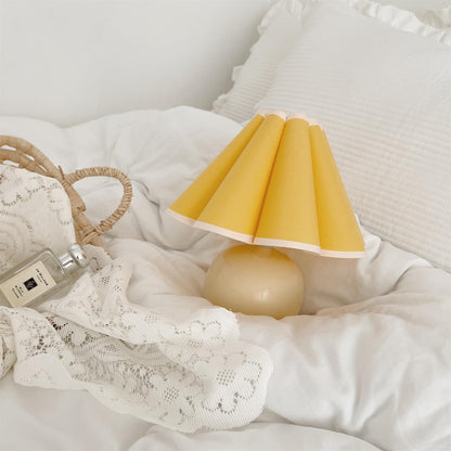 Pleated Table Lamp | White Ceramic & Linen Shade | 28cm Diameter