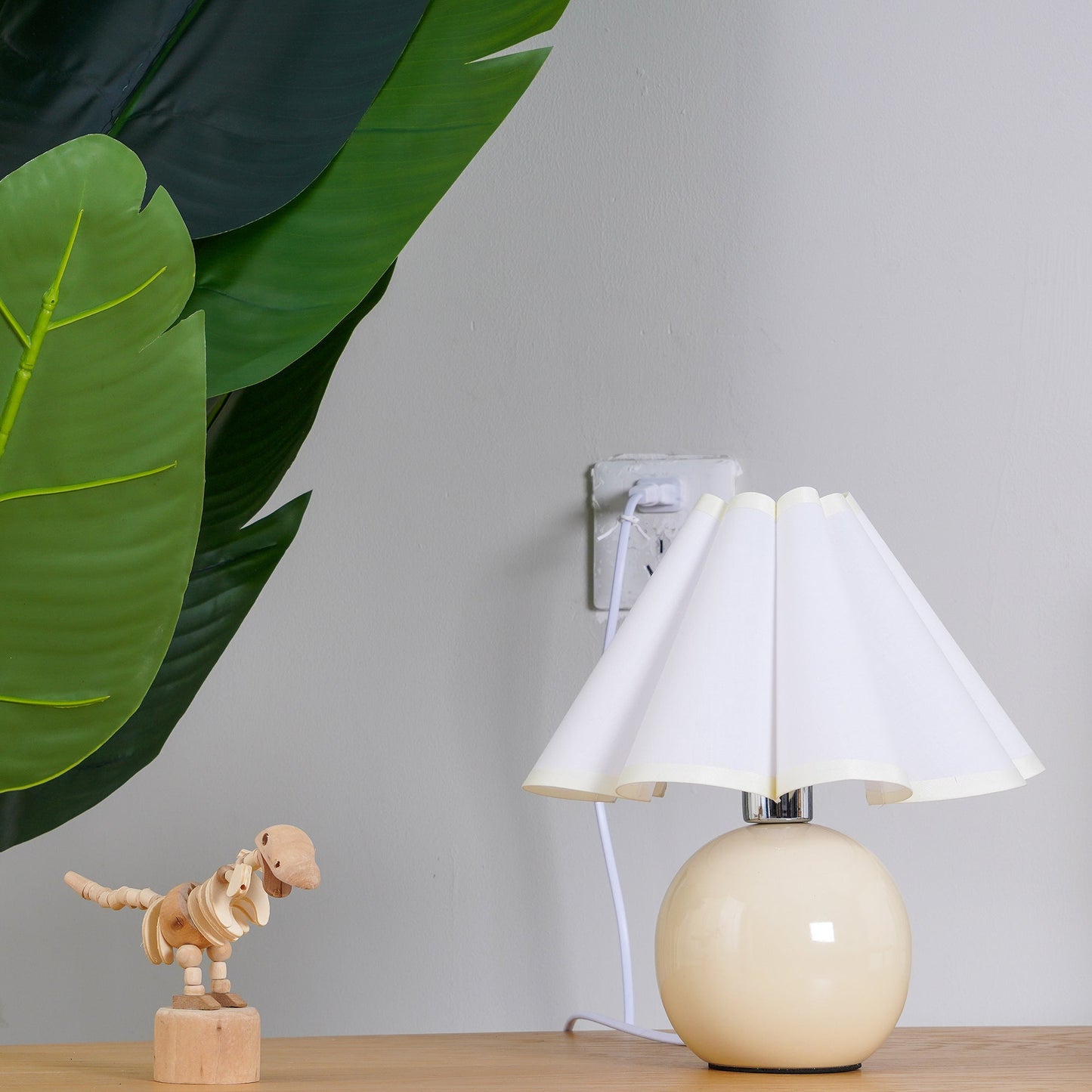 Pleated Table Lamp | White Ceramic & Linen Shade | 28cm Diameter
