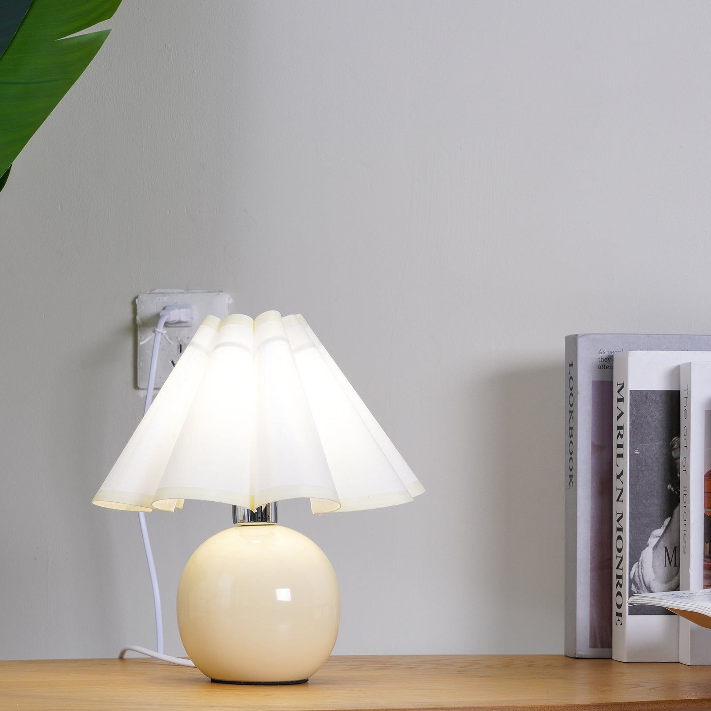 Pleated Table Lamp | White Ceramic & Linen Shade | 28cm Diameter