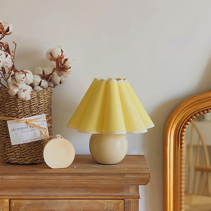 Pleated Table Lamp | White Ceramic & Linen Shade | 28cm Diameter