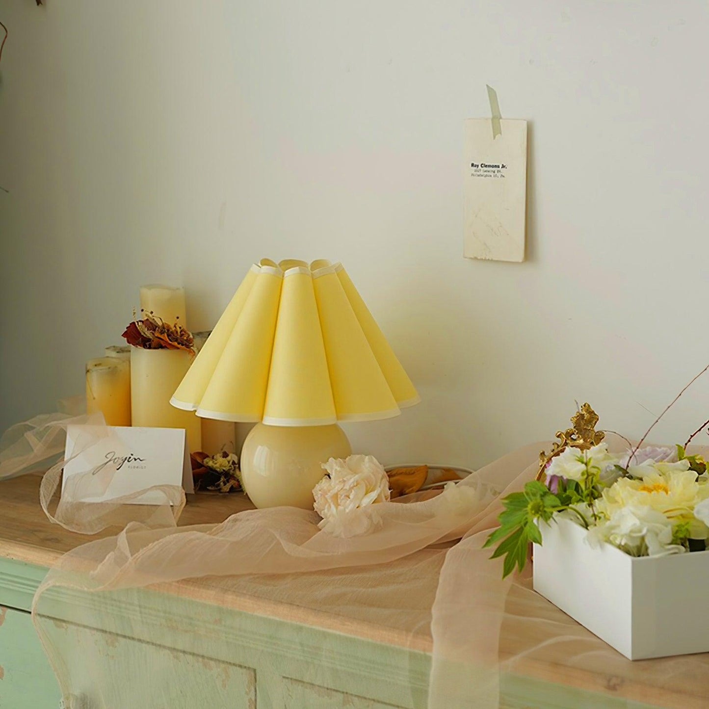 Pleated Table Lamp | White Ceramic & Linen Shade | 28cm Diameter