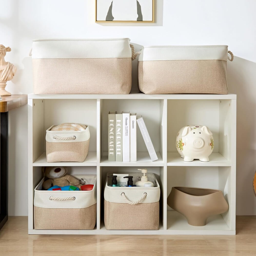 Fabric Storage Baskets | White & Khaki Rope Handles | Set of 5