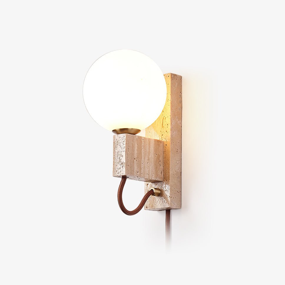 Atlas Globe Wall Sconce | Travertine & Opal Glass | Yellow Travertine