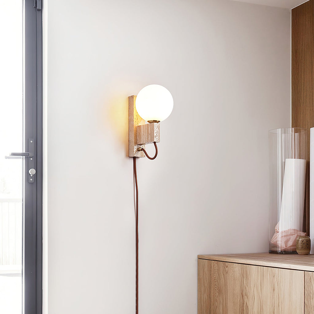 Atlas Globe Wall Sconce | Travertine & Opal Glass | Yellow Travertine