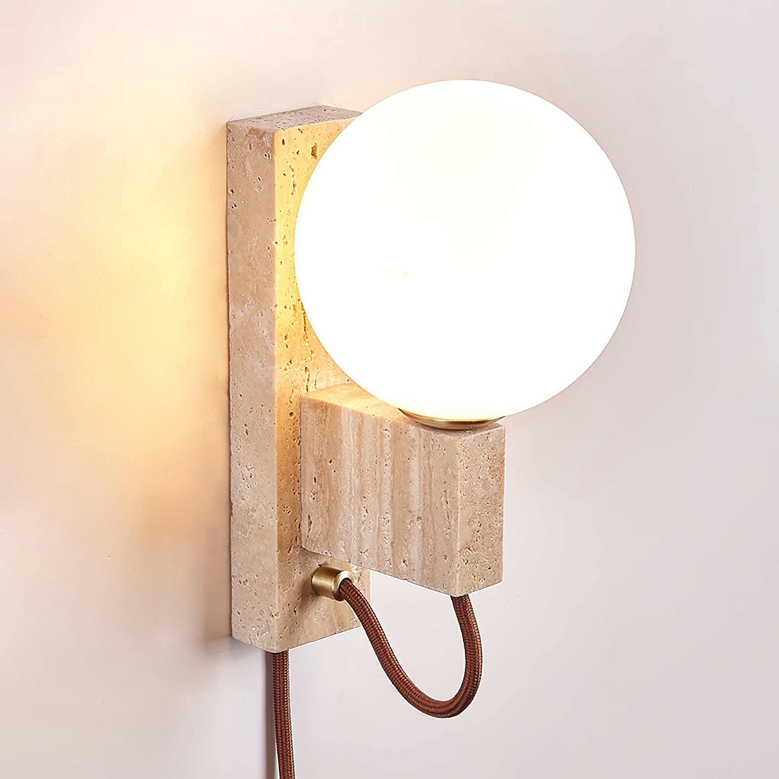 Atlas Globe Wall Sconce | Travertine & Opal Glass | Yellow Travertine