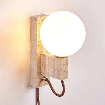 Atlas Globe Wall Sconce | Travertine & Opal Glass | Yellow Travertine