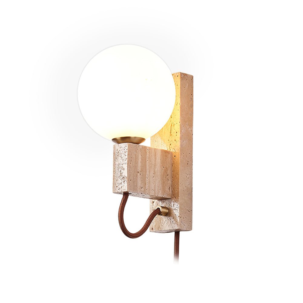 Atlas Globe Wall Sconce | Travertine & Opal Glass | Yellow Travertine