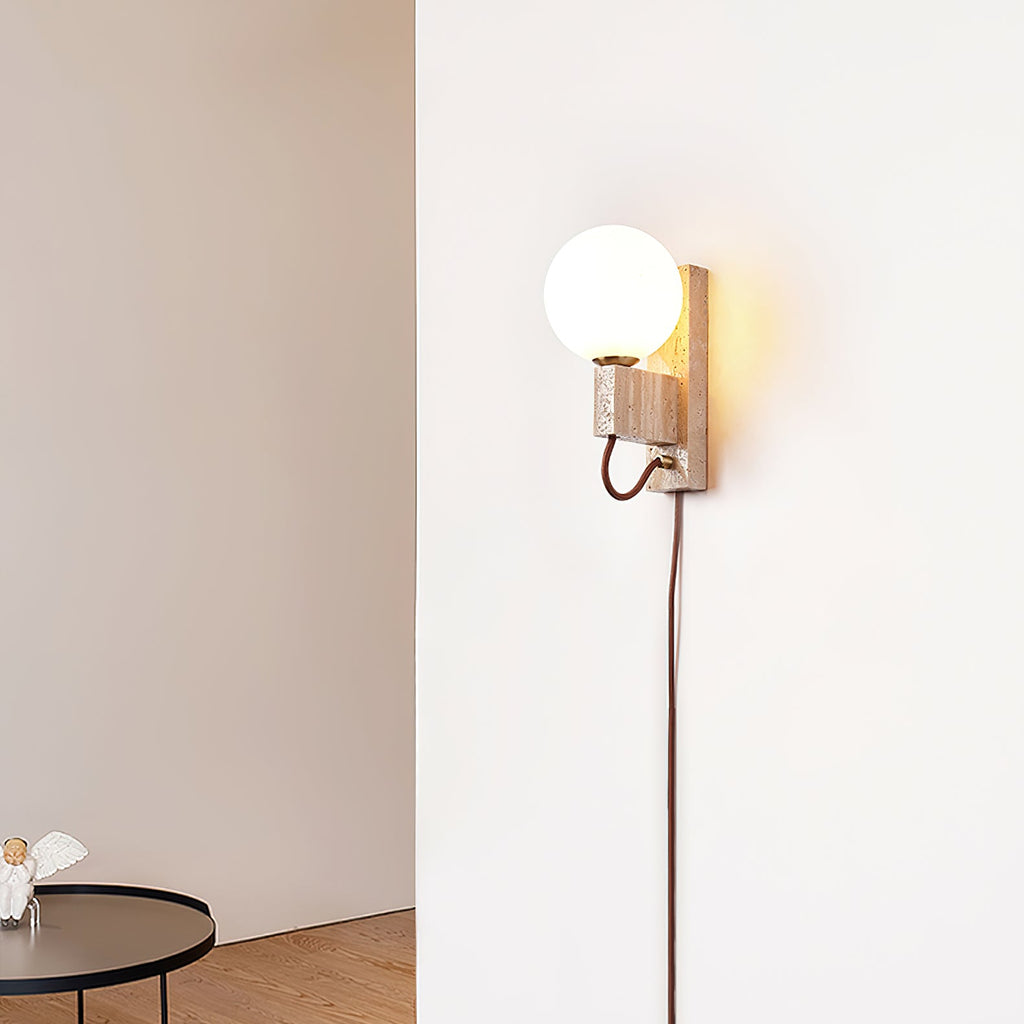 Atlas Globe Wall Sconce | Travertine & Opal Glass | Yellow Travertine