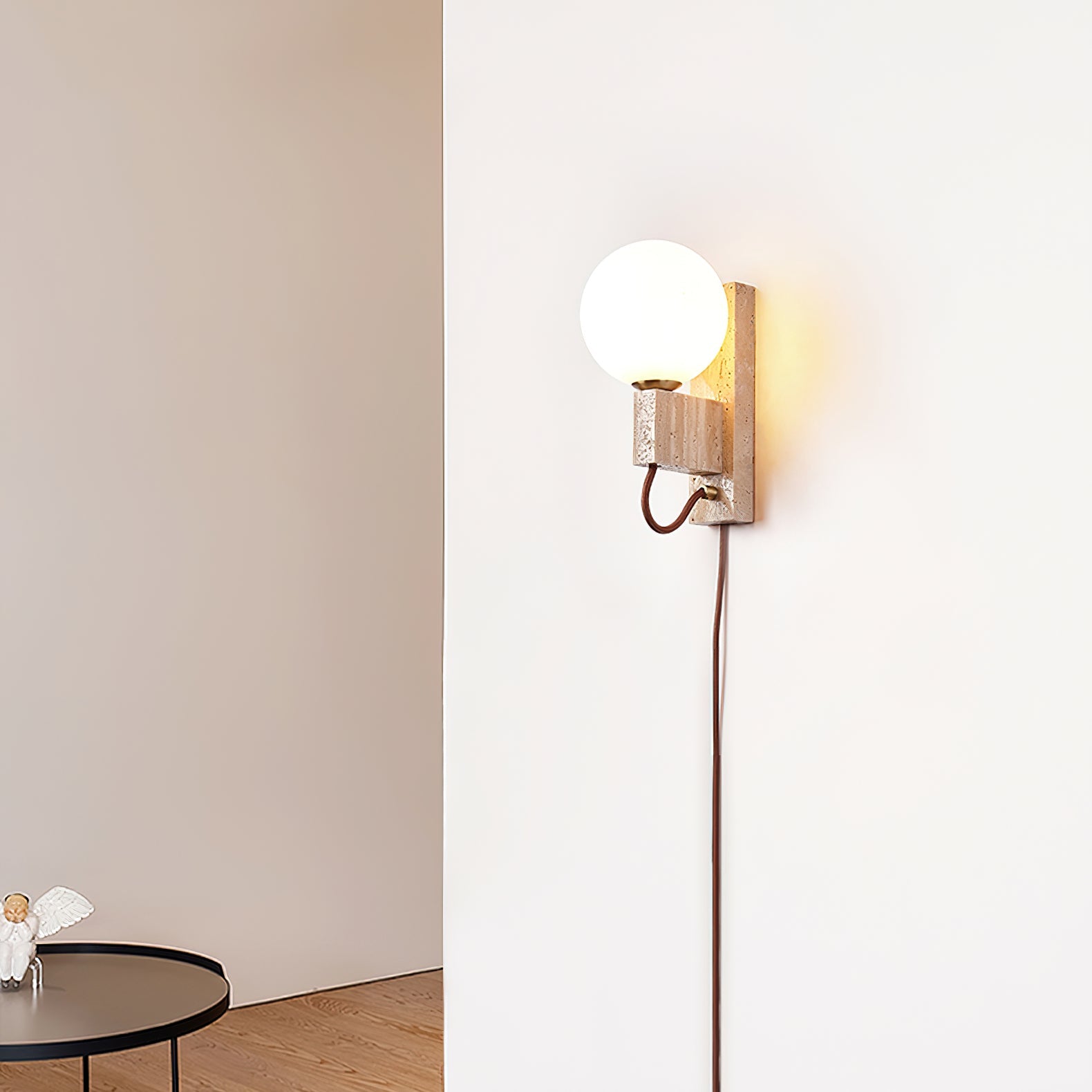 Atlas Globe Wall Sconce | Travertine & Opal Glass | Yellow Travertine