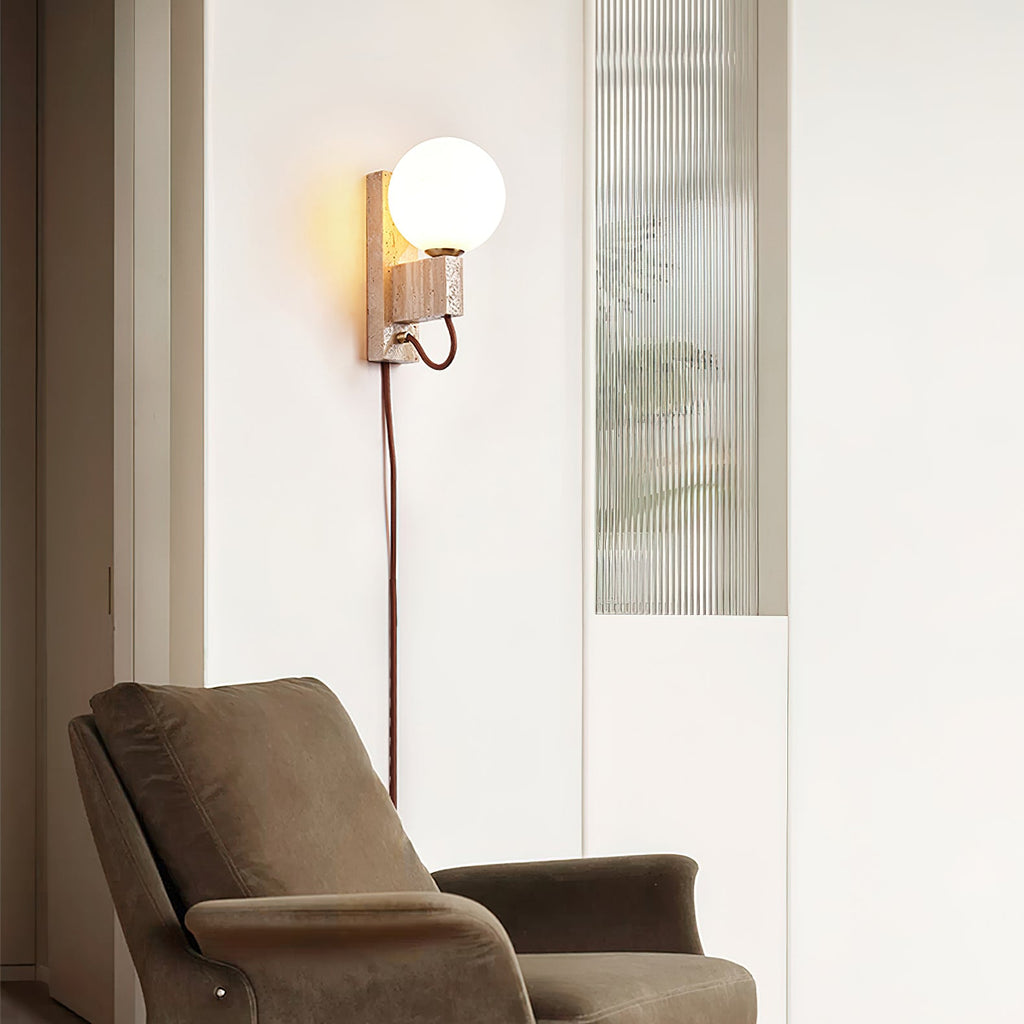 Atlas Globe Wall Sconce | Travertine & Opal Glass | Yellow Travertine