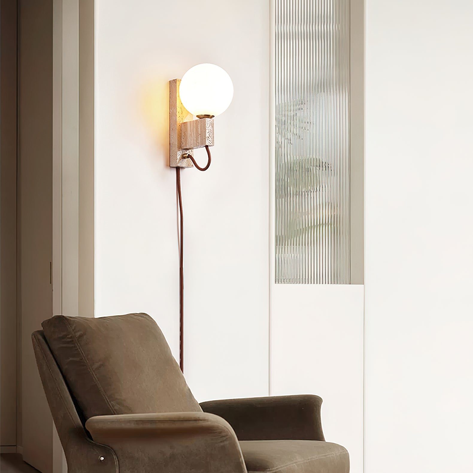 Atlas Globe Wall Sconce | Travertine & Opal Glass | Yellow Travertine