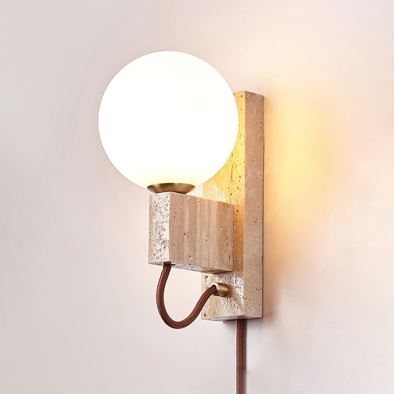 Atlas Globe Wall Sconce | Travertine & Opal Glass | Yellow Travertine