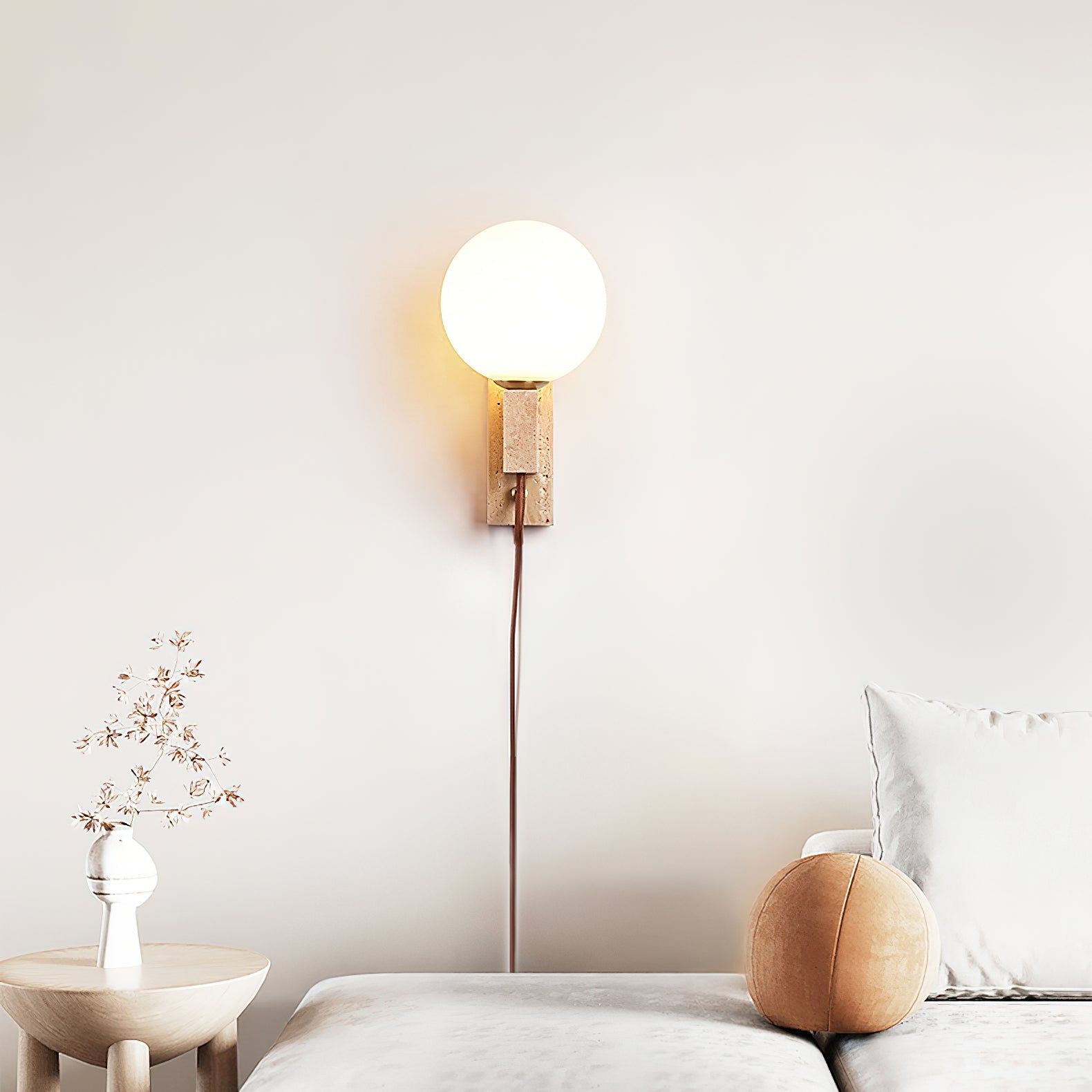 Atlas Globe Wall Sconce | Travertine & Opal Glass | Yellow Travertine