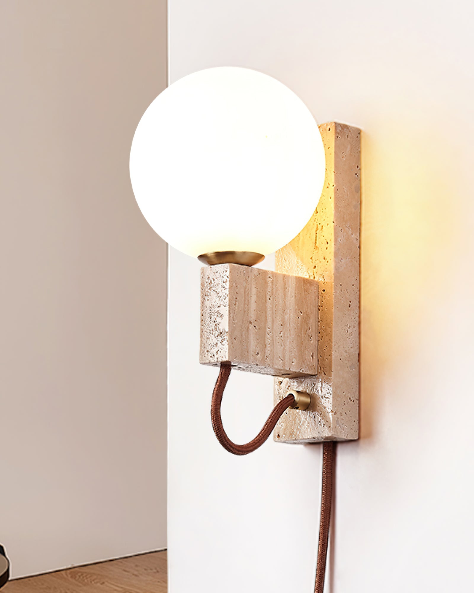 Atlas Globe Wall Sconce | Travertine & Opal Glass | Yellow Travertine
