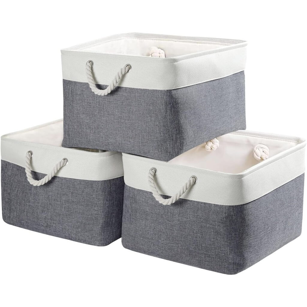 Foldable Canvas Storage Baskets | Linen & Cotton | Cold Grey and White
