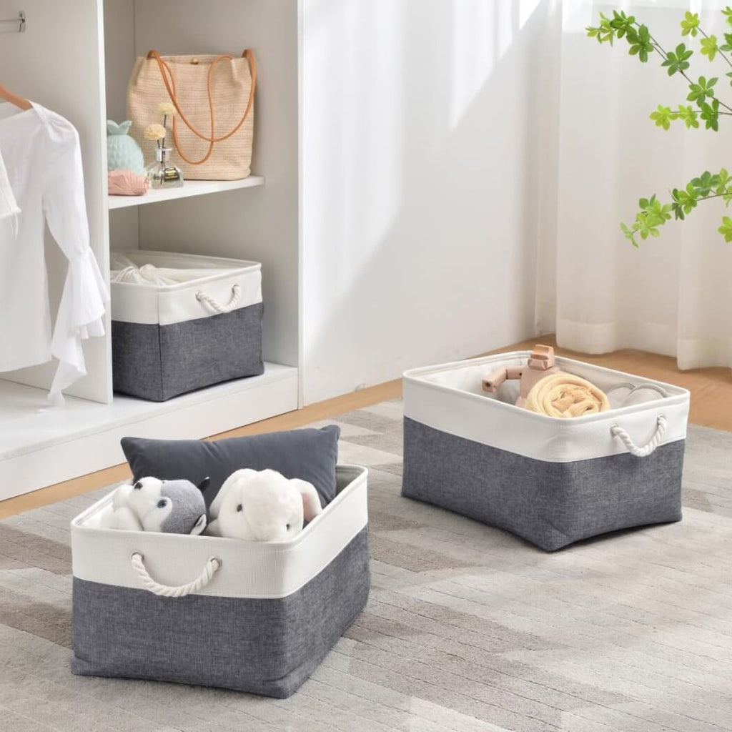 Foldable Canvas Storage Baskets | Linen & Cotton | Cold Grey and White