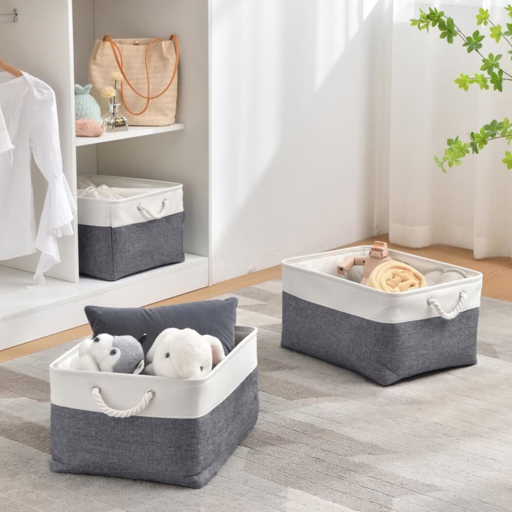 Foldable Canvas Storage Baskets | Linen & Cotton | Cold Grey and White