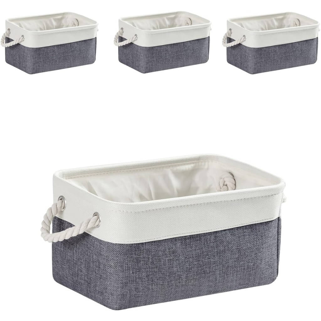 Foldable Canvas Storage Baskets | Linen & Cotton | Cold Grey and White