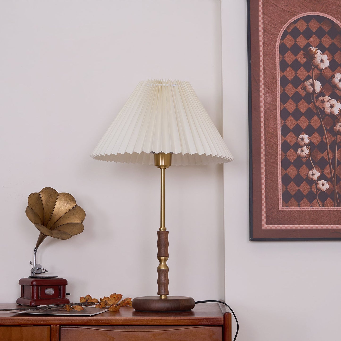 Table Lamp | Walnut & Brass | Beige Shade