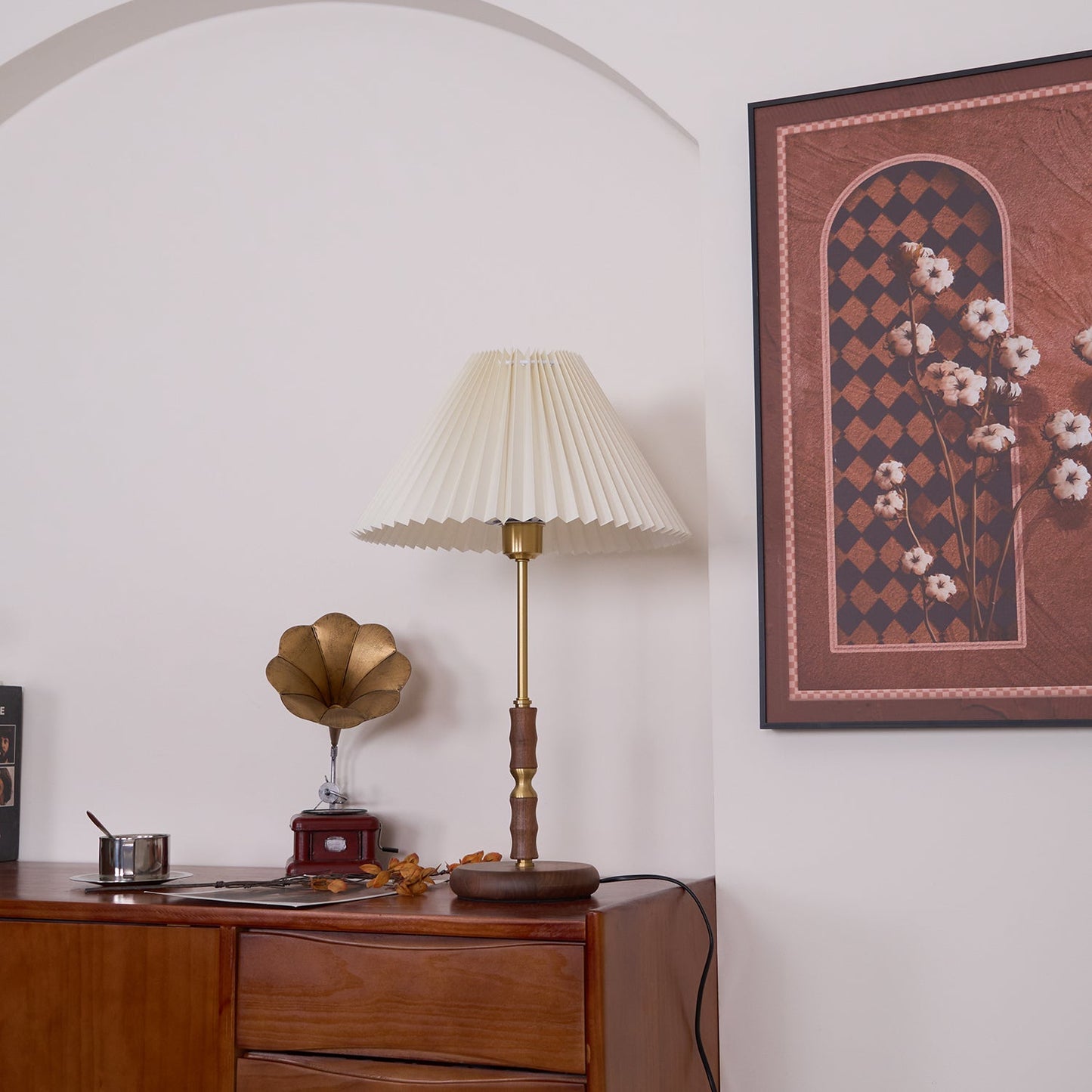 Table Lamp | Walnut & Brass | Beige Shade