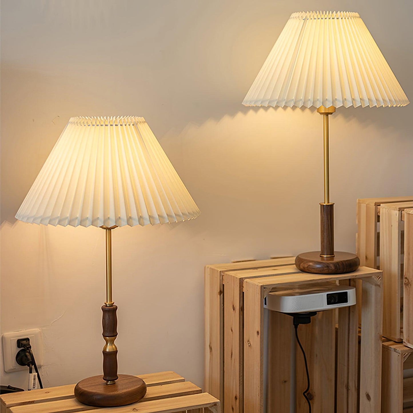 Table Lamp | Walnut & Brass | Beige Shade