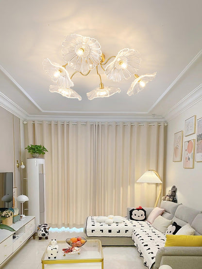 Lotus Leaf Ceiling Lamp | Frosted Glass & Metal | Gold Finish, 3-6 Heads