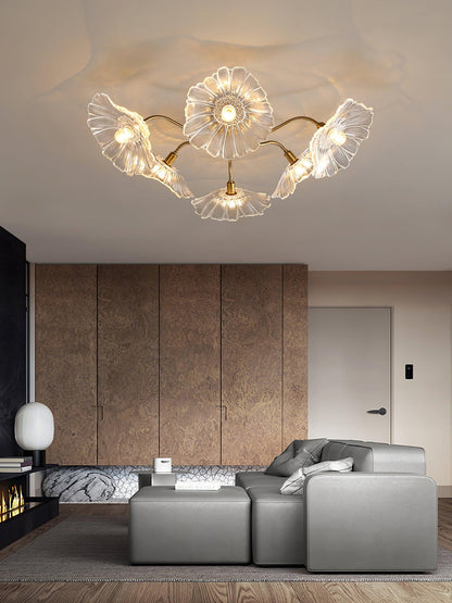 Lotus Leaf Ceiling Lamp | Frosted Glass & Metal | Gold Finish, 3-6 Heads