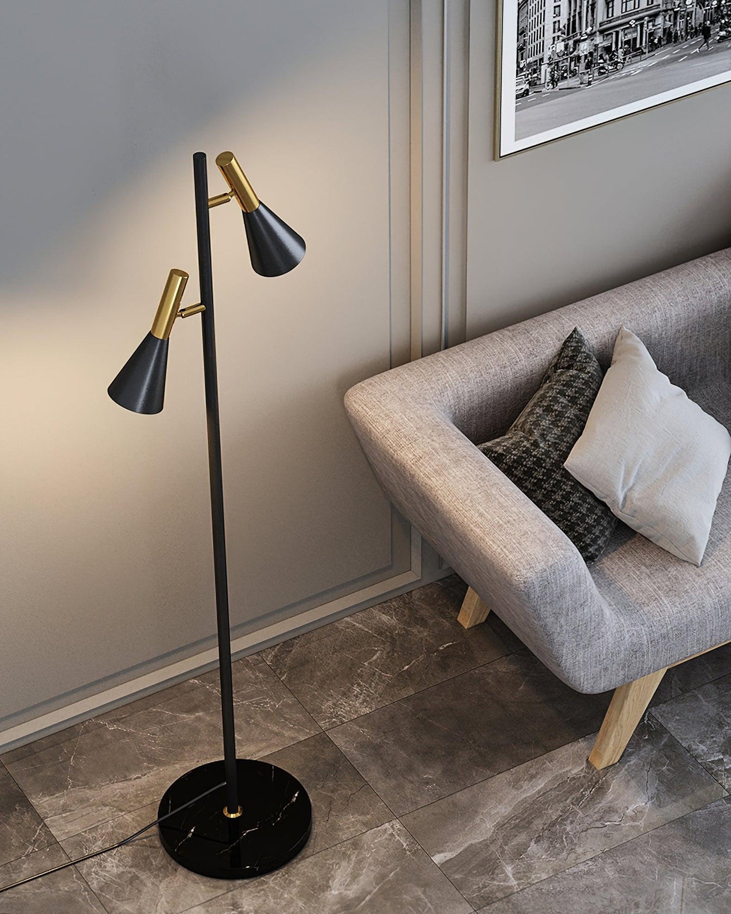 Lron Floor Lamp | Metal & Marble | Black & Gold