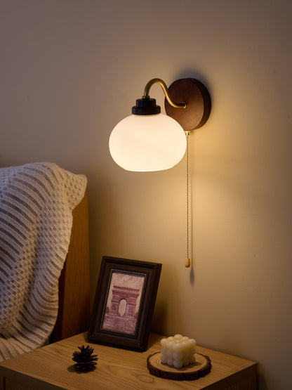 Lumea Crest Wall Lamp | Iron, Glass, Wood | White Shade, Gold/Walnut Finish