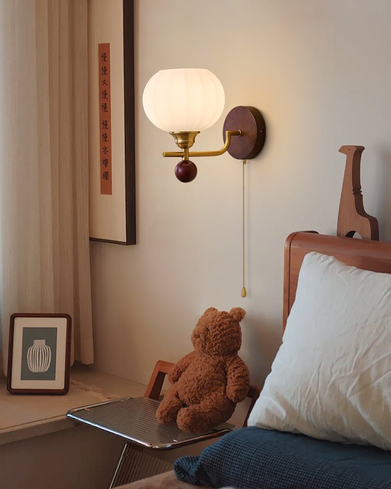 Lumea Crest Wall Lamp | Iron, Glass, Wood | White Shade, Gold/Walnut Finish