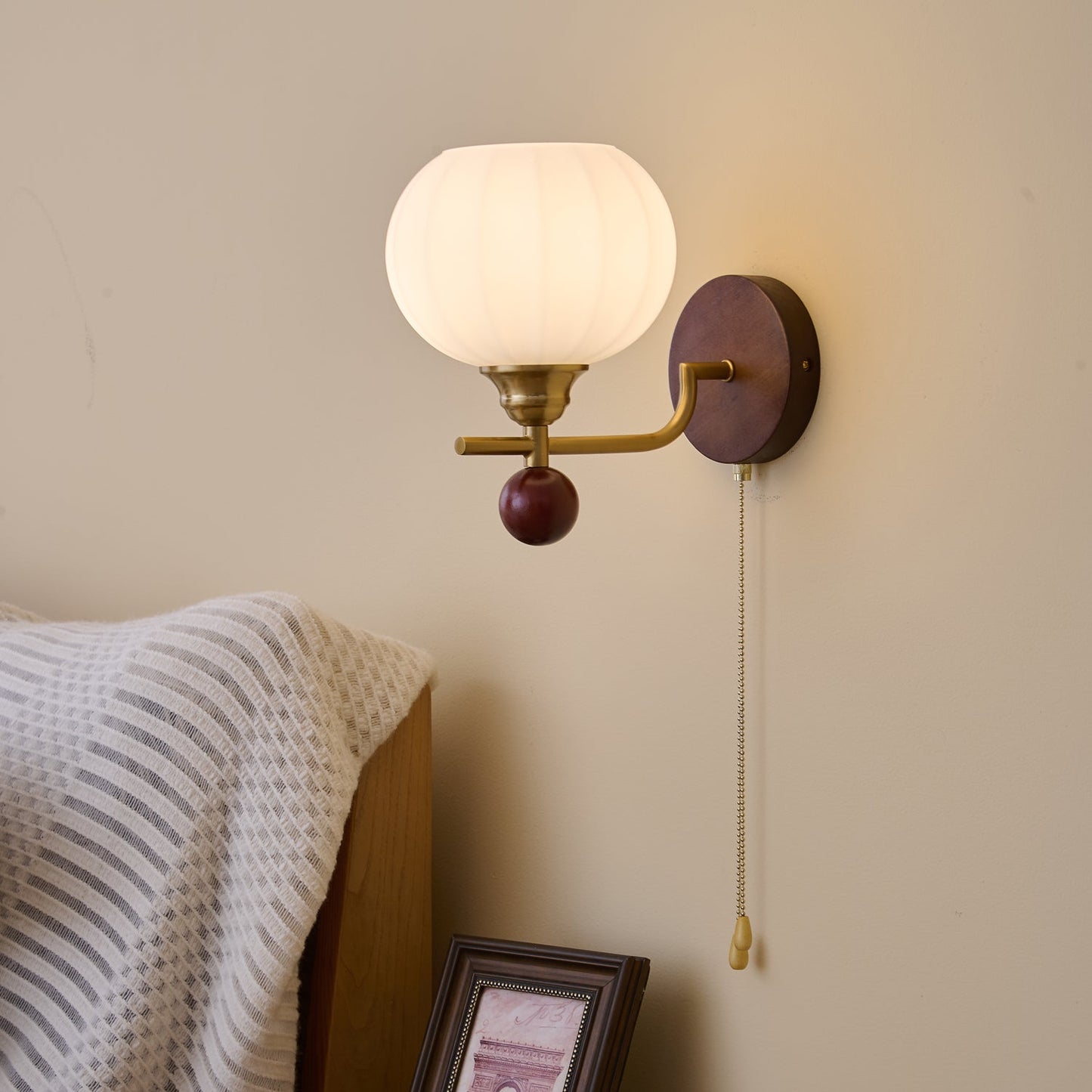 Lumea Crest Wall Lamp | Iron, Glass, Wood | White Shade, Gold/Walnut Finish