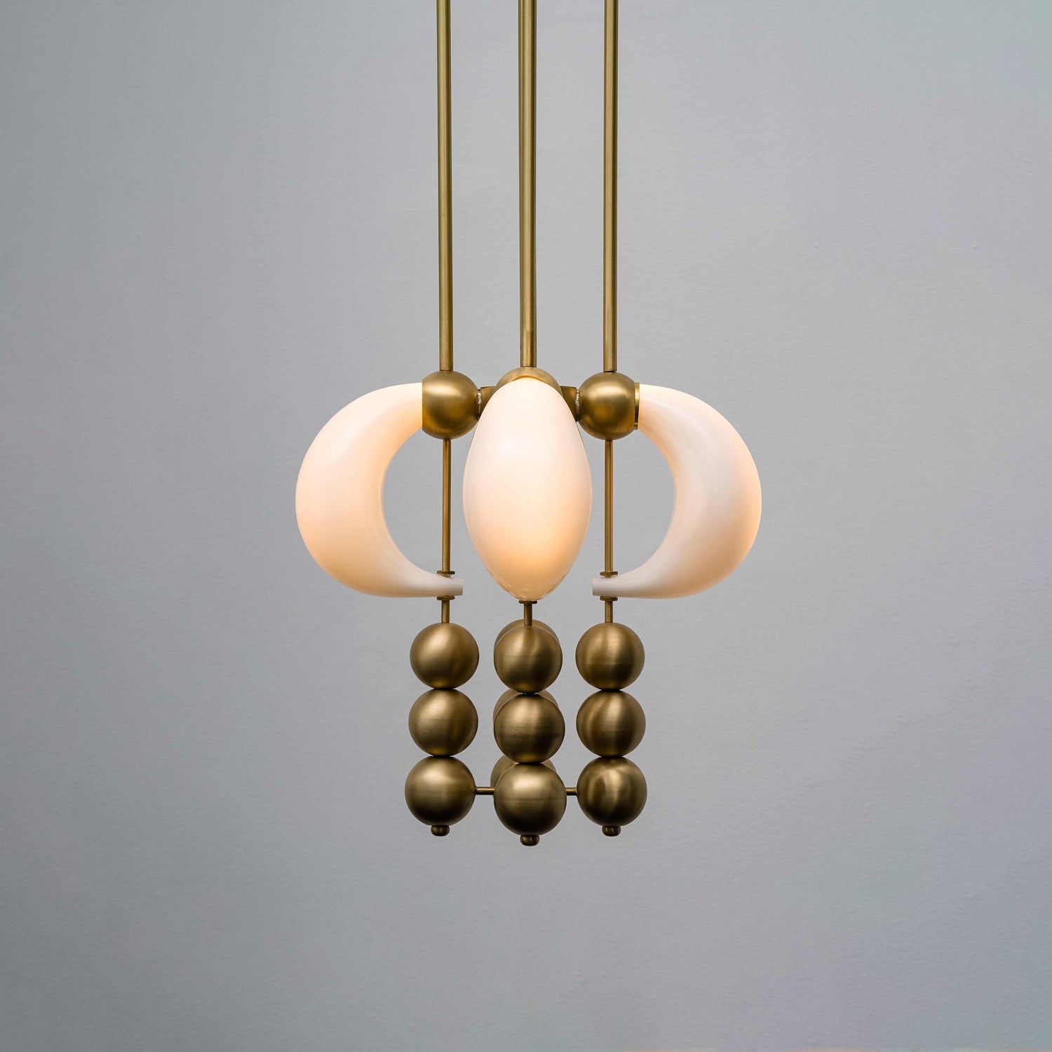 Luna Orbit Pendant Lamp | Hand-Blown Murano Glass & Solid Brass | Antique Brass & White Shade