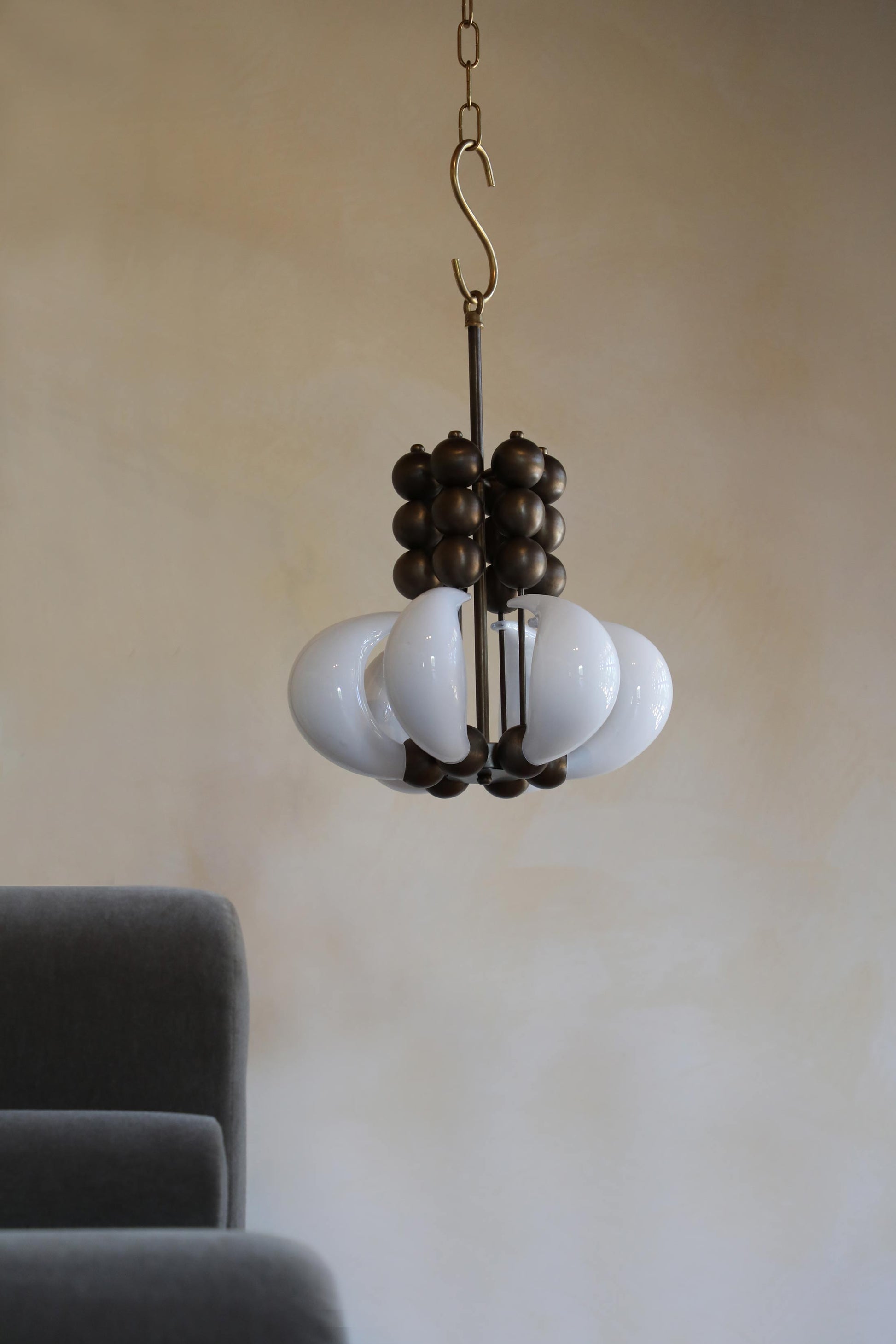 Luna Orbit Pendant Lamp | Hand-Blown Murano Glass & Solid Brass | Antique Brass & White Shade
