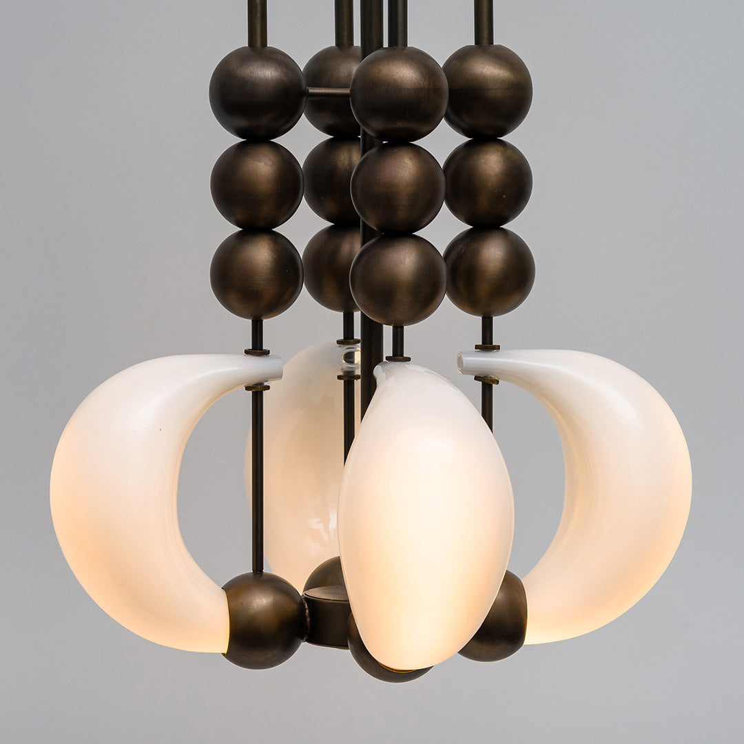 Luna Orbit Pendant Lamp | Hand-Blown Murano Glass & Solid Brass | Antique Brass & White Shade