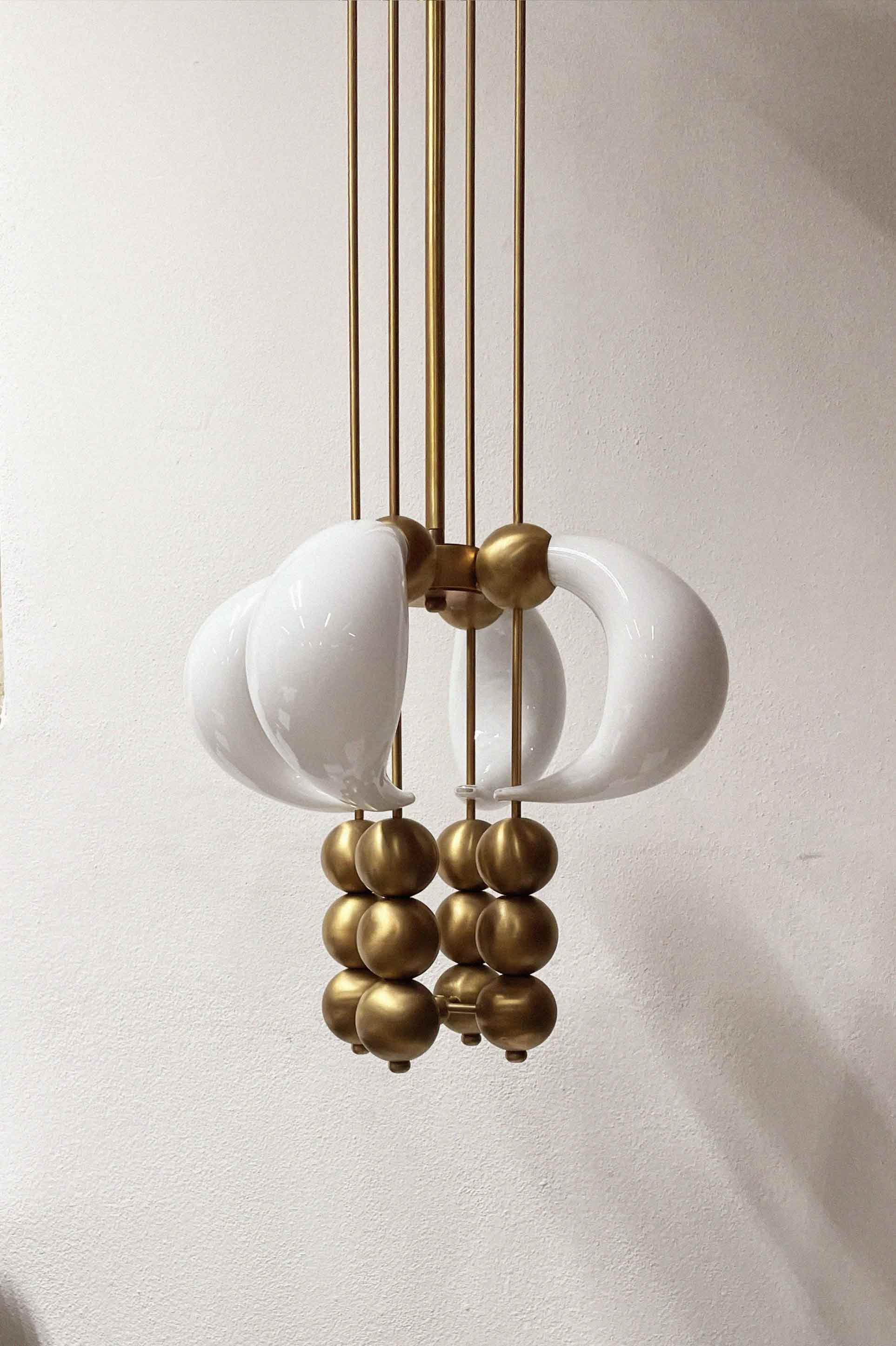 Luna Orbit Pendant Lamp | Hand-Blown Murano Glass & Solid Brass | Antique Brass & White Shade