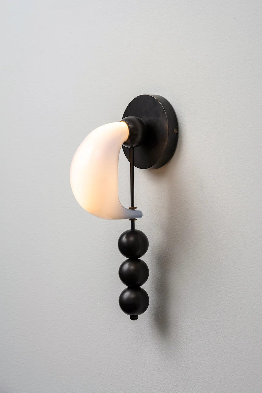 Luna Orbit Wall Lamp | Hand-Blown Murano Glass | Antique Brass & Black