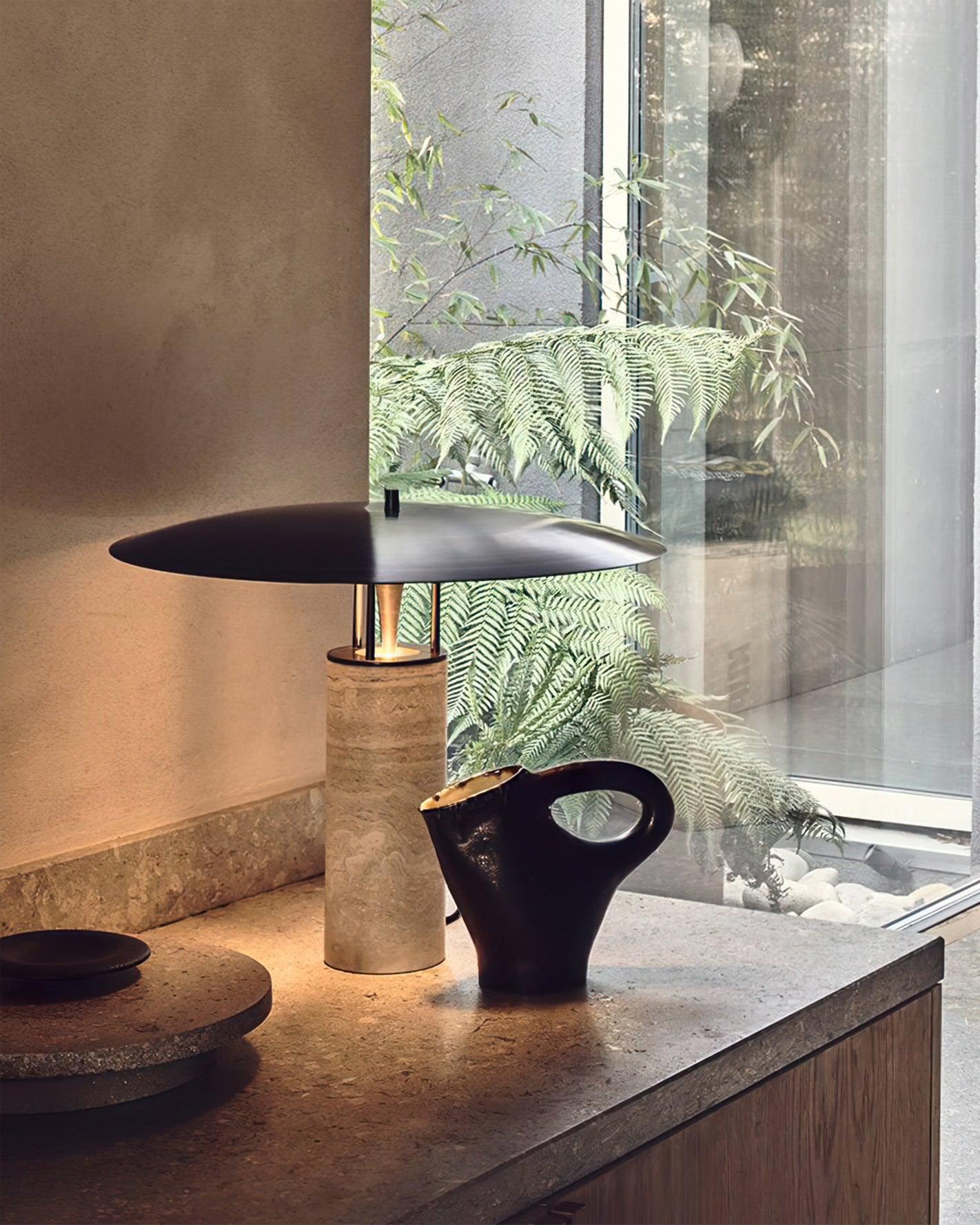 Luna Table Lamp | Metal & Yellow Travertine | Adjustable Light Options