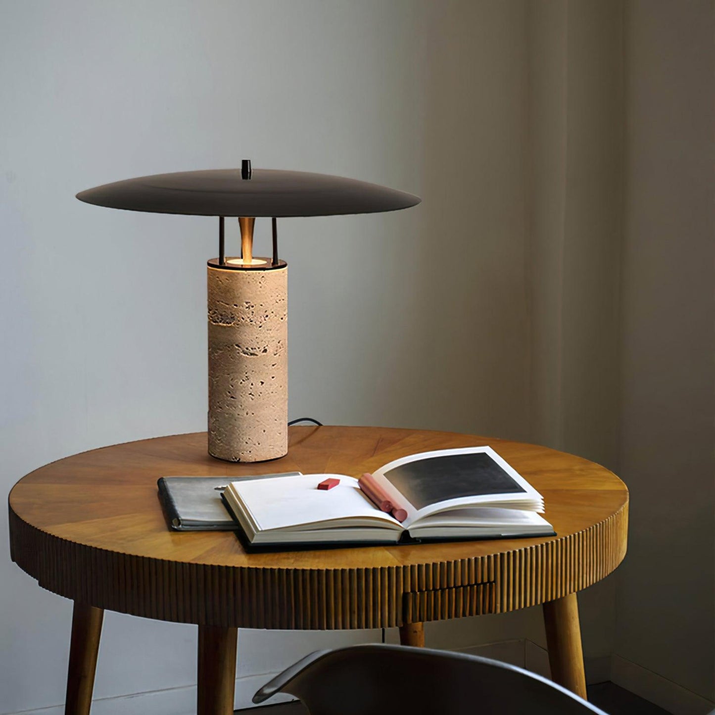Luna Table Lamp | Metal & Yellow Travertine | Adjustable Light Options