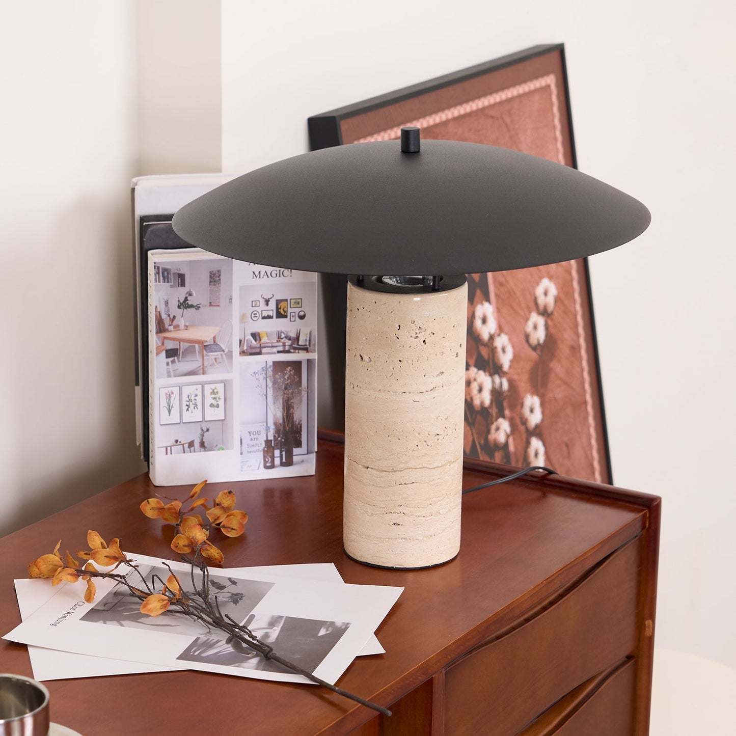 Luna Table Lamp | Metal & Yellow Travertine | Adjustable Light Options