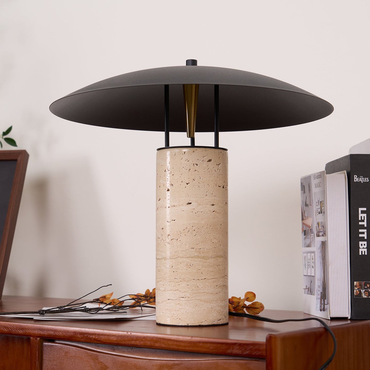 Luna Table Lamp | Metal & Yellow Travertine | Adjustable Light Options