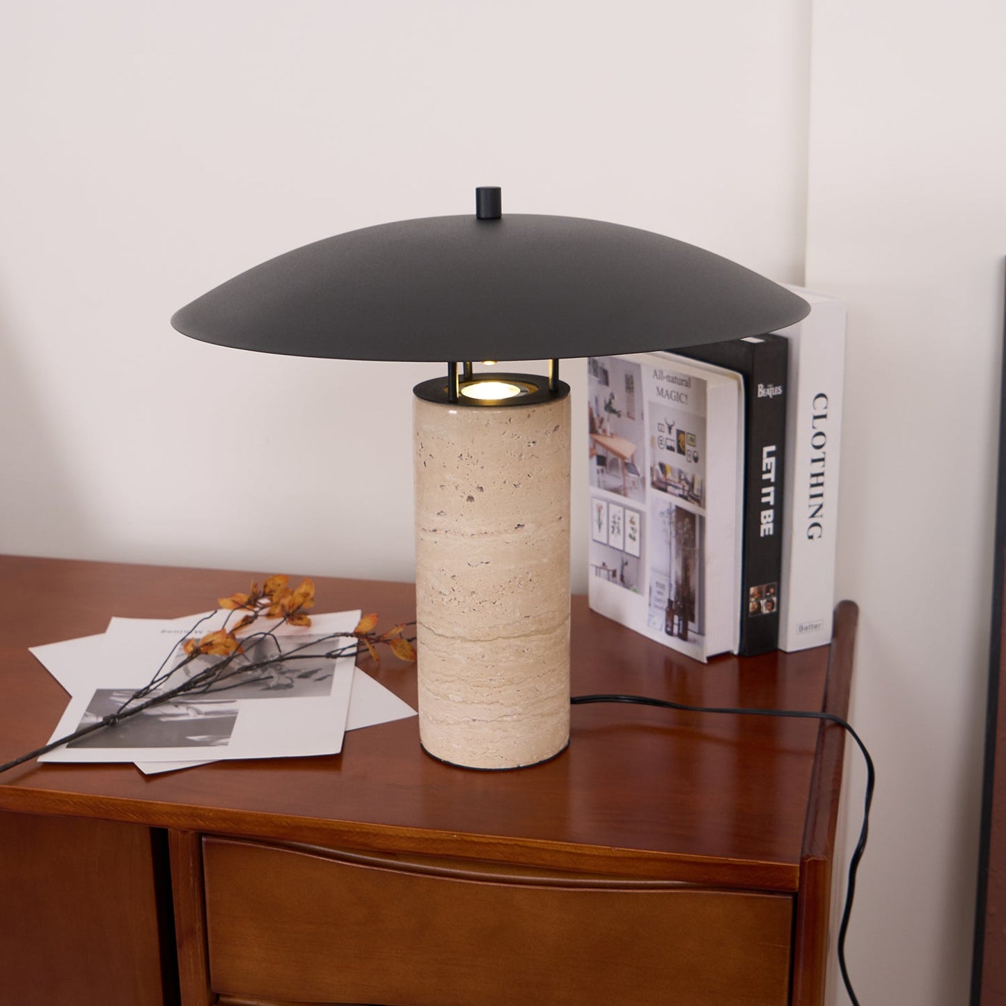 Luna Table Lamp | Metal & Yellow Travertine | Adjustable Light Options