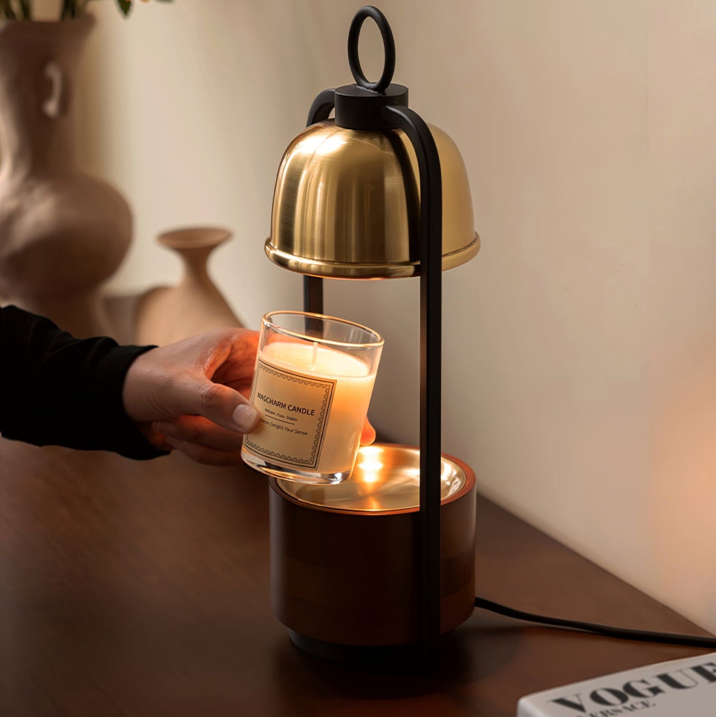 Lunara Candle Warmer Lamp | Wood, Brass | Gold, Walnut, Black